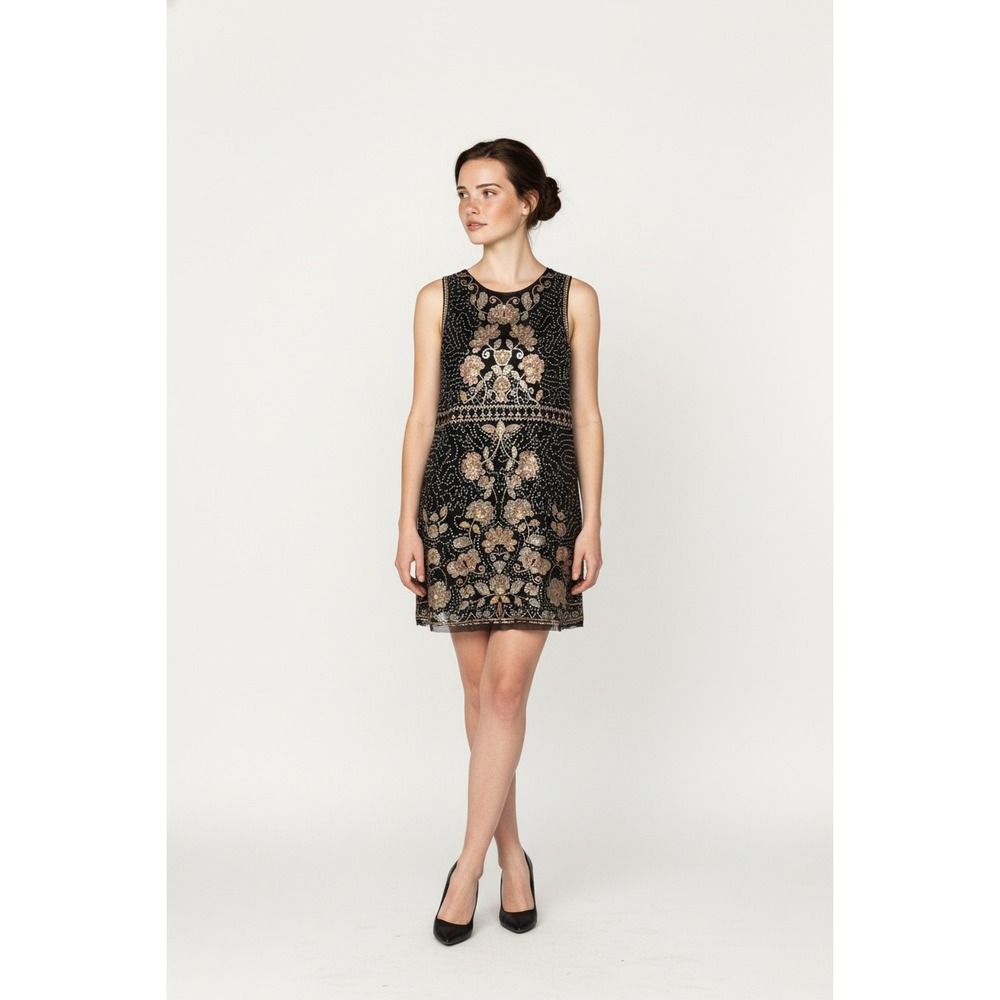 Chelsea & Violet Black Mini Dress with Gold Floral Detailing